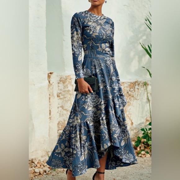 Chilinen/Linen Vibes Dresses & Skirts - Blue Floral Long Sleeve Maxi Dress with Ruffle Hem #134